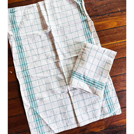 Vintage green and white tea towel