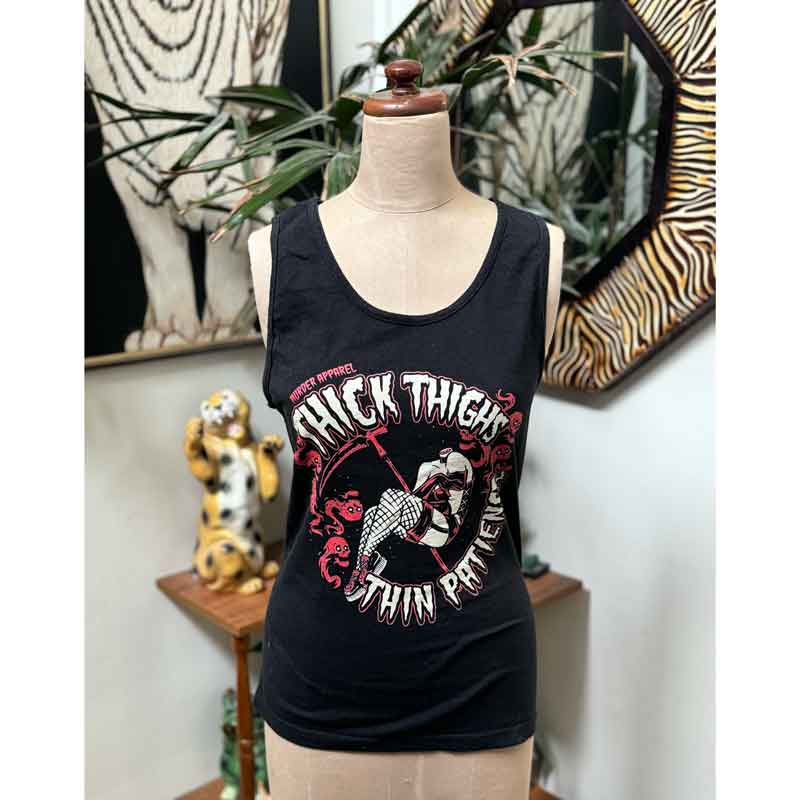 sz ? Thick Thighs cartoon retro black singlet