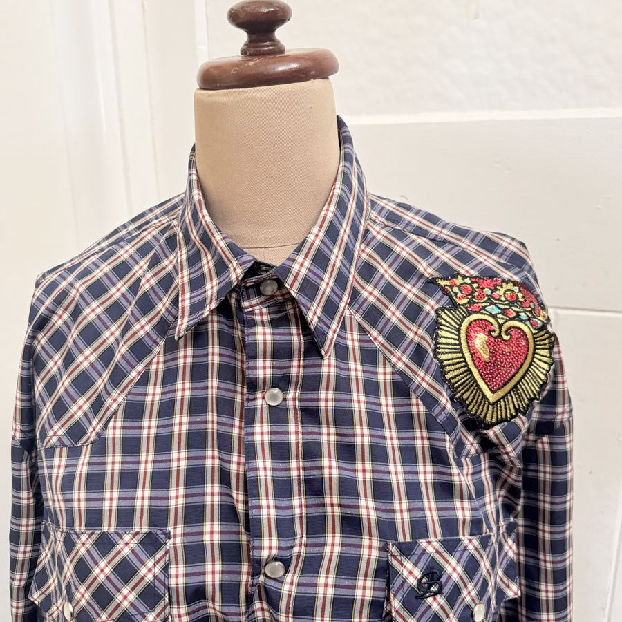 sz L Western Heart check patch shirt