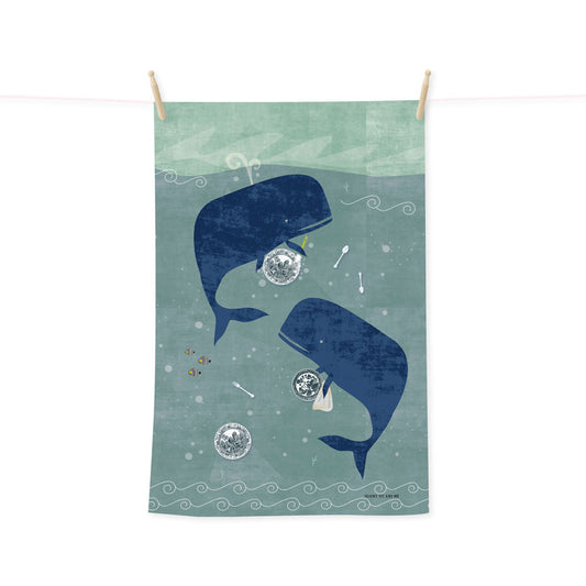Whales washing up tea towel