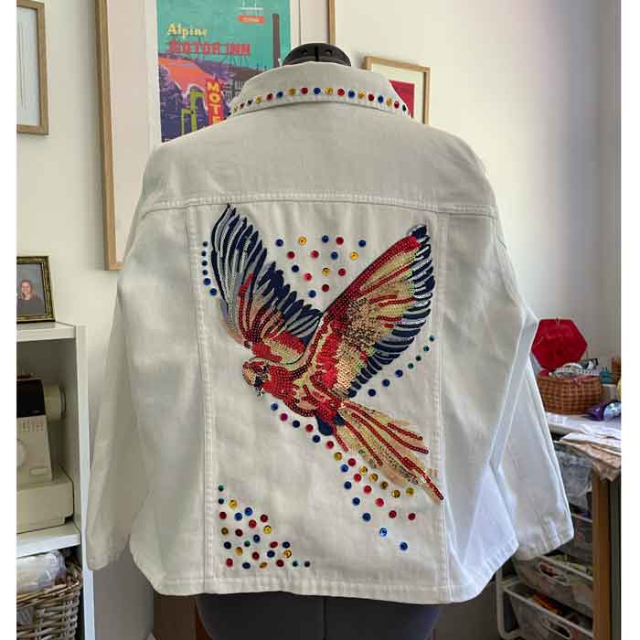 sz curvy plus size white sequin parrot jacket