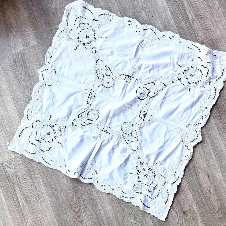 White square embroidered table cloth