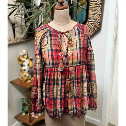 sz M Zara check embroidered gypsy blouse