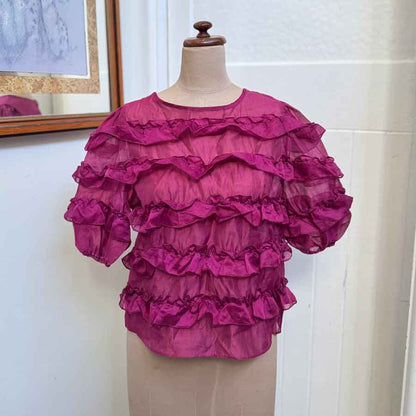 sz M magenta sheer frilly blouse