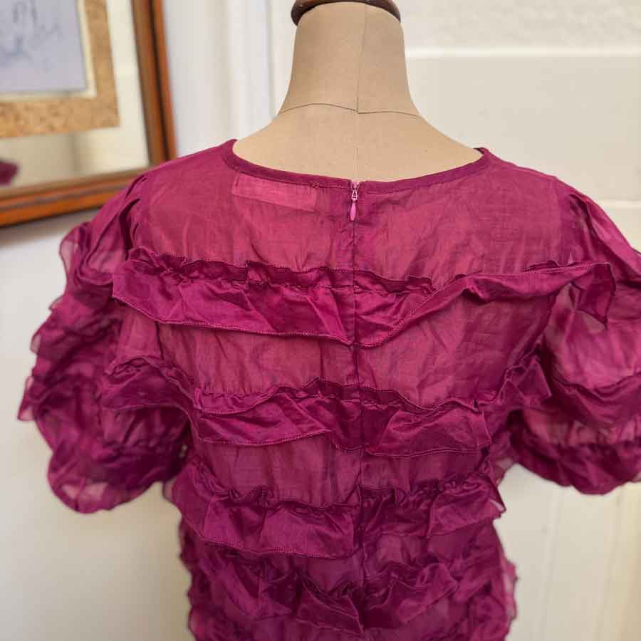 sz M magenta sheer frilly blouse