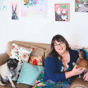 Kara Cooper of Mount Vic and Me at home with Badger the pug and Stripey the chicken.